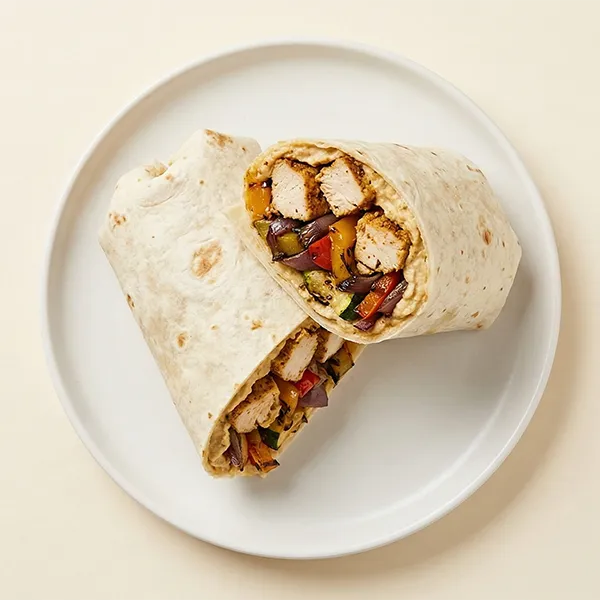 Spiced Chicken and Roasted Vegetable Wrap with Hummus